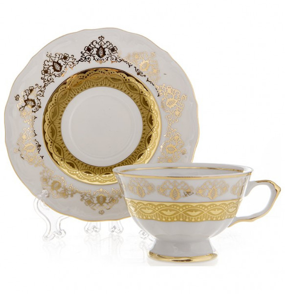 Набор чайных пар 200 мл 6 шт  Bavarian Porcelain &quot;Мария-Тереза /Белая /Золотой орнамент с лентой&quot; / 103890