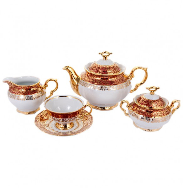 Чайный сервиз на 6 персон 15 предметов  МаМ декор &quot;Мария-Луиза /Золотые листики на красном&quot; / 133635
