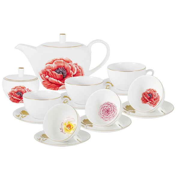 Чайный сервиз на 6 персон 14 предметов (без молочника)  Anna Lafarg Emily &quot;Flowers /Мак&quot; (подарочная упаковка) / 291343