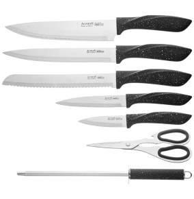 Набор кухонных ножей 8 предметов с ножницами и мусатом на пластиковой подставке серые Agness / 341632