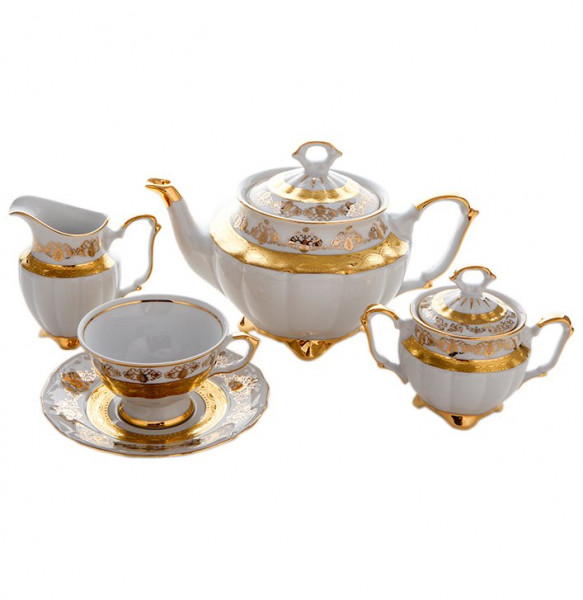 Чайный сервиз на 6 персон 15 предметов  Bavarian Porcelain &quot;Мария-Тереза /Белая /Золотой орнамент с лентой&quot; / 103899