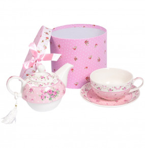 Чайный набор 3 предмета (чайная пара + чайник)  Royal Classics "Розочки на розовом" / 150354