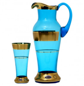 Набор для воды 7 предметов (кувшин 1,5 л + 6 стаканов) синый  Star Crystal "Иксовка /Матовая полоса золото" SC / 137251