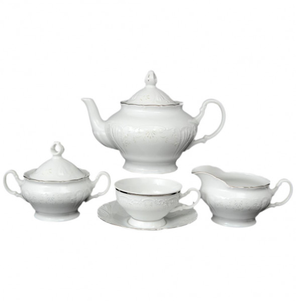 Чайный сервиз на 6 персон 15 предметов низкая чашка  Bohemia Porcelan Moritz Zdekauer 1810 s.r.o. &quot;Лиана /Платиновый узор&quot; / 051029