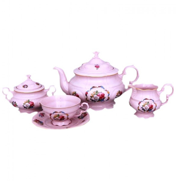 Чайный сервиз на 6 персон 15 предметов  Leander &quot;Соната /Полевые цветы&quot; розовая / 158465