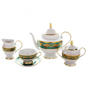 Чайный сервиз на 6 персон 15 предметов  Bavarian Porcelain "Александрия /Золотой узор на зеленом" / 118256