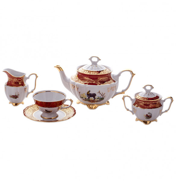 Чайный сервиз на 6 персон 15 предметов  Bavarian Porcelain &quot;Мария-Тереза /Охота красная&quot; / 012195