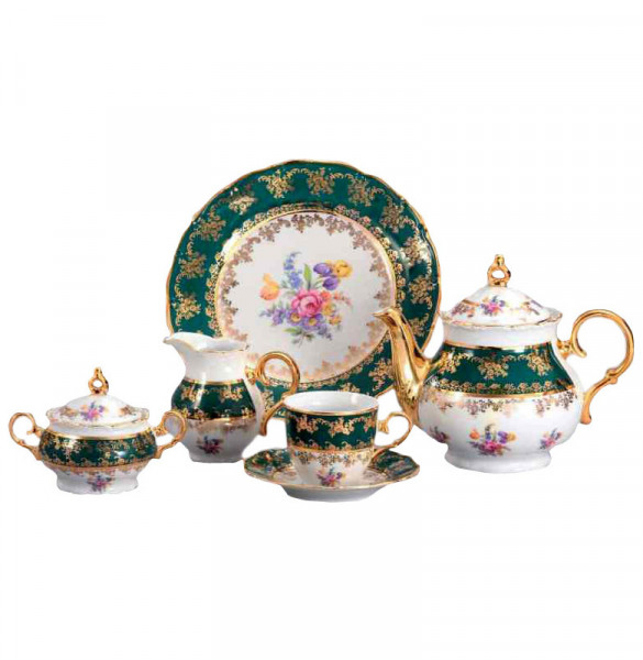 Чайный сервиз на 6 персон 15 предметов  Bohemia Porcelan Moritz Zdekauer 1810 s.r.o. &quot;Офелия /Изумруд /Полевой цветок&quot; / 046477