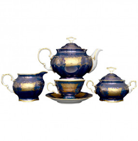 Чайный сервиз на 6 персон 17 предметов  МаМ декор "Мария-Луиза /Золотой лист на синем" / 083801